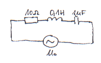 Sériově R(10Ohm), L(0,1H), C(1uF) na stř. zdroji napětí