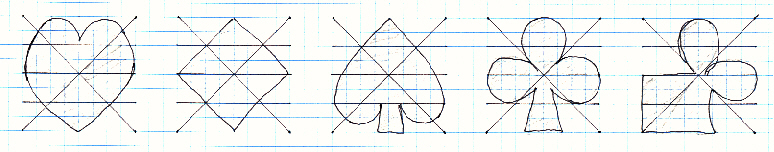 [pet symbolu: ctyri klasicke karetni (srdce, kary, piky, trefy) a jeden zmrsenej (trefa s plnym 3. kvadrantem); pres ne pak 3+2 rezy]